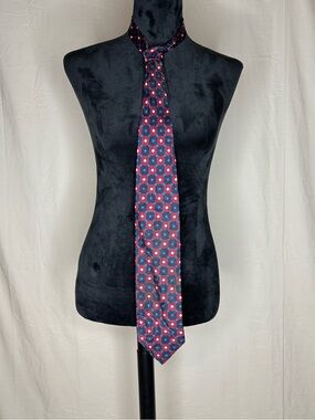 Vintage Fratelli Italian Silk Tie Geometric Octagon Tile Navy Red Cream